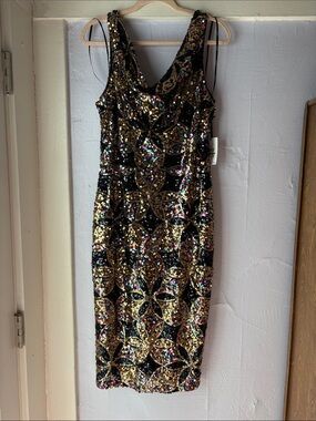 Kensie Black & Gold Sequin Midi Dress